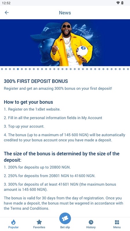 1xBet : page bonus de premier dépôt